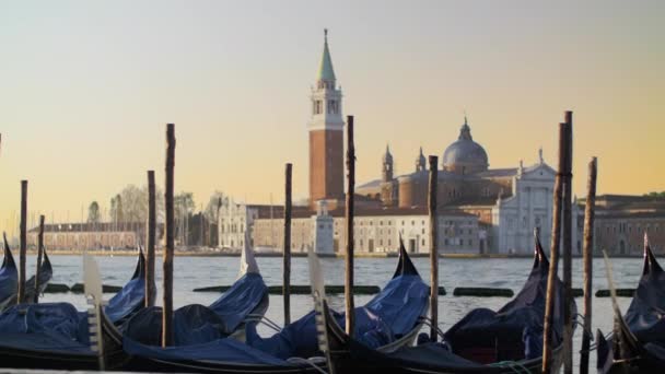 Покритий гондолас погойдуючись на воді з красивим видом Венеції - Кадри, відео