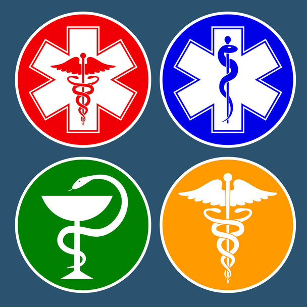 Set di simboli medici internazionali decorati in un cerchio. Stella della vita, bastone di Asclepio, caduceo, ciotola con un serpente. Simboli isolati su sfondo scuro. Illustrazione vettoriale
. - Vettoriali, immagini