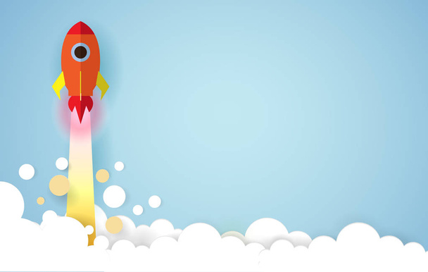 Papierkunst Stil des Raketenstarts in den Himmel auf blauem Hintergrund mit Kopierraum, Startkonzept, Vektorillustration für Webseite, Banner, soziale Medien  - Vektor, Bild