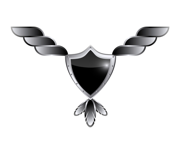 翼のあるシールド バナー黒の光沢のある金属銀のベクトル図 - ベクター画像