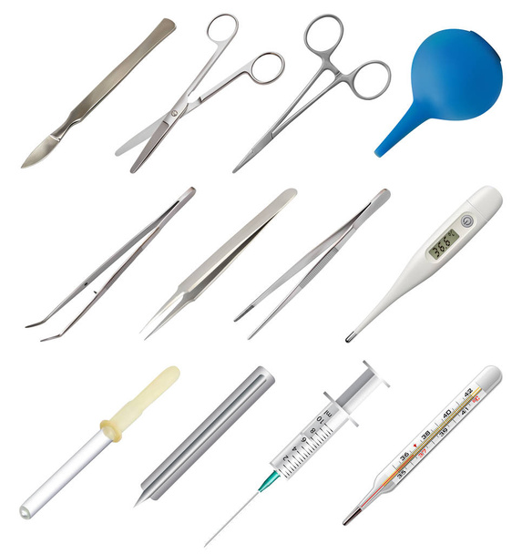 Set of medical hand tools. Tweezers different types, all-metal reusable scalpel, clip fastener, surgical scissors, glass pipette, disposable syringe, blood lancet, thermometer, rubber enema. Vector - Vector, Image