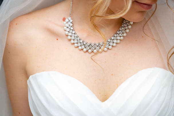 La sposa in un abito da sposa bianco con un velo e una collana d'argento
. - Foto, immagini