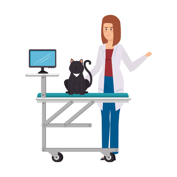vrouwelijke veterinaire met kat in brancard - Vector, afbeelding