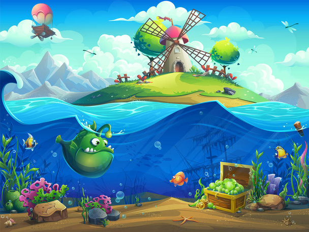 Undersea world with mill on the island - Vector, Image