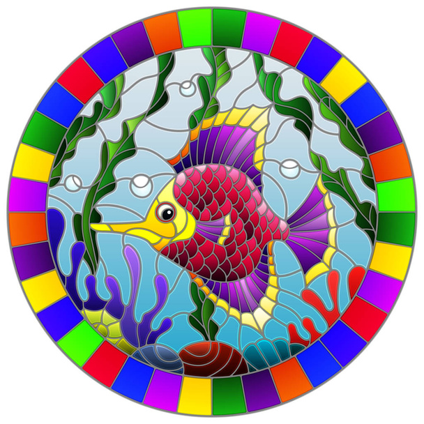 Illustration in stained glass style with a pair bright pink  fish on the background of water and algae,oval picture in a bright frame - Vector, Image