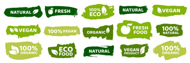 Organic food labels. Fresh eco vegetarian products, vegan label and healthy foods badges vector set - Vettoriali, immagini