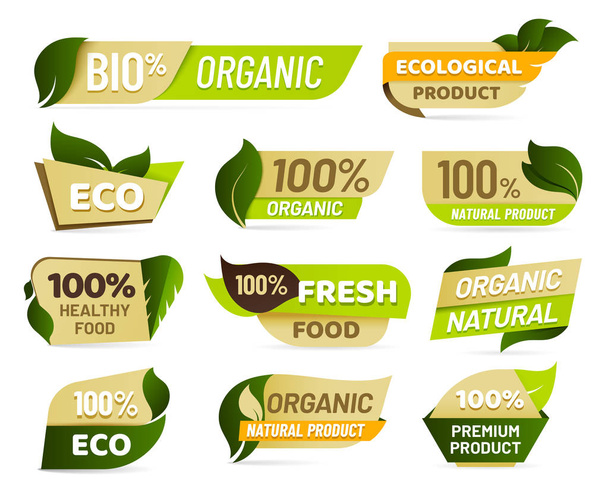 Vegan emblem. Fresh nature product badge, healthy vegetarian food products sticker and natural ecological foods labels vector set - Vektor, obrázek