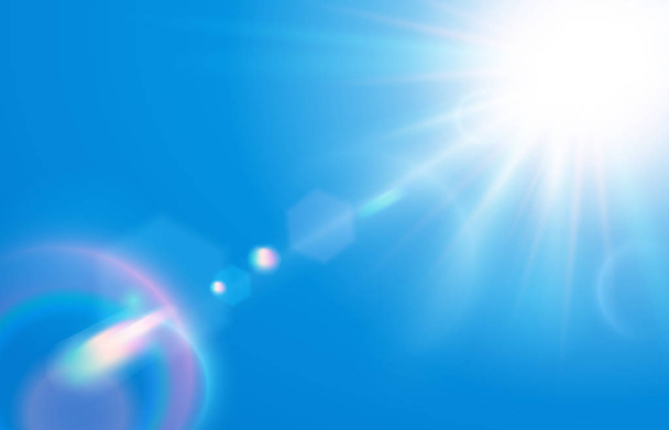 Mavi gökyüzünde güneş. Açık gökyüzü sıcak güneş objektif Flare, güneşli gün ve güneş ışık ışınları vektör illüstrasyon - Vektör, Görsel