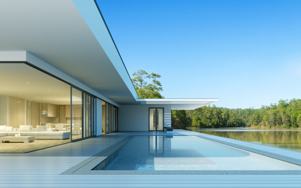 緑の湖の背景に昼間の時間でスイミングプールと豪華な近代的な家の視点、最小限のアーキテクチャ設計のアイデア。3d レンダリング - 写真・画像