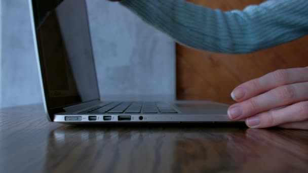 Hands of a woman open laptop and typing on workplace. - Filmagem, Vídeo