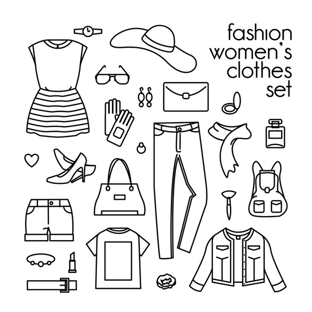 Vektor-Set von Damenbekleidung, Schuhen und Handtaschen  - Vektor, Bild