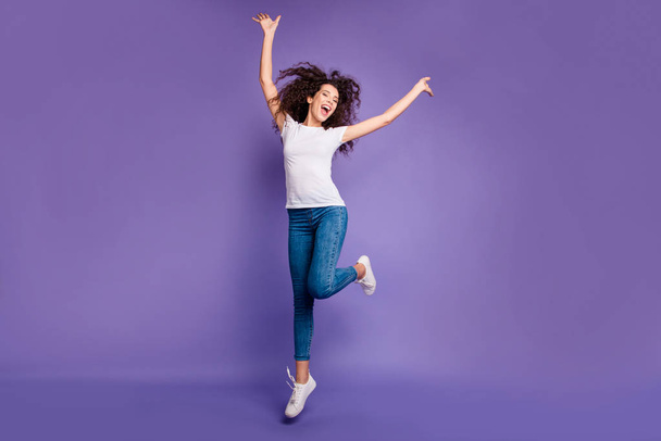 Full length body size view portrait of nice cute winsome lovely sweet attractive cheerful cheeru well-groomed wavy-haired lady having fun isolated on bright vivid shine violet pastel background - Foto, Imagem