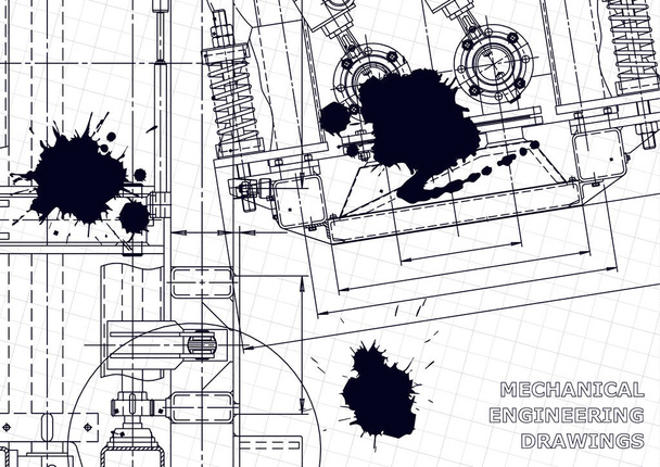 Fabricación de instrumentos mecánicos. Ilustración técnica. Blueprint Black Ink. Manchas
 - Vector, Imagen