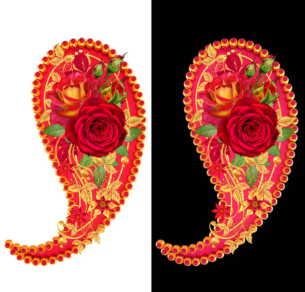 Element paisley indian cucumber. Golden tracery weaving, curls, stylized sparkling flowers, isolated. Flower arrangement of red roses and glittering leaves. - Valokuva, kuva