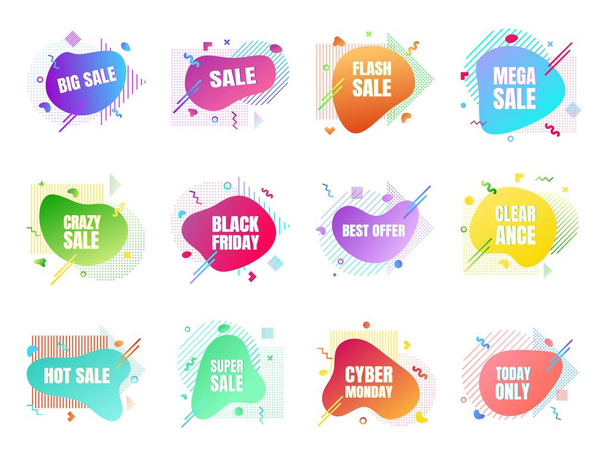 12 modern liquid abstract sale set. Clearance, big sale, black friday, special offer, hot price etc text gradient flat style design fluid vector colorful vector illustration banner shape advertising - Vector, Image