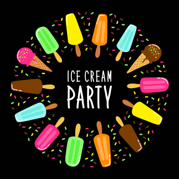 Cute Ice Cream Party collection background in vivid tasty colors ideal for invitation, card, banner, package, decoration etc - ベクター画像