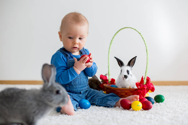 Little toddler child, baby boy, playing with bunnies and easter  - Fotó, kép