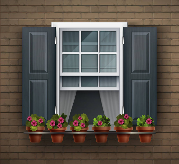 Окно с цветочными горшками на стене. Мультипликационный дом. Close up view of nice white frame window with flowers
 - Вектор,изображение