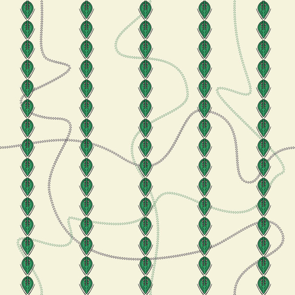 Бесшовный рисунок с непрерывными изогнутыми цепями и кружевными полосками. Векторная иллюстрация зеленого, кремового и серого цветов
. - Вектор,изображение