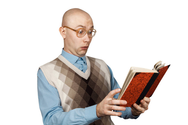 Portrait Young bald guy in glasses reading book and surprised. man Isolated on white background. - Valokuva, kuva