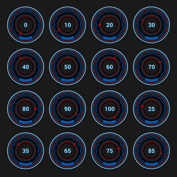 Speedometer and Indicators Icons Set on Dark Background. Vector - Vektori, kuva