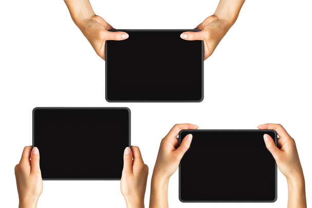 Conjunto de manos de mujer mostrando tabletas negras, concepto de selfie o jugar juegos
 - Foto, Imagen