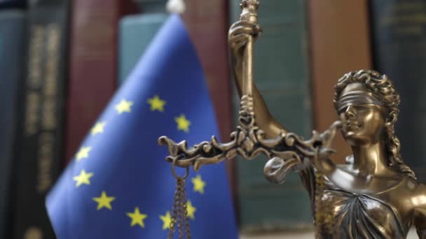 Статуя леди-правосудия с книжной полкой и фоном флага ЕС
 - Кадры, видео