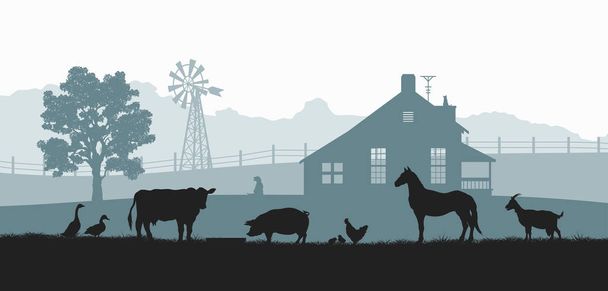 Силуэты сельскохозяйственных животных. Сельский пейзаж с коровами, лошадьми и свиньями. Деревенская панорама для плаката. Фермерский дом и скот
 - Вектор,изображение