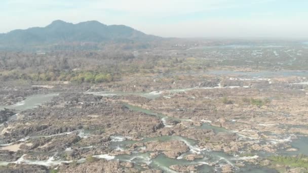 Aerial: flying over Don Det and the 4000 islands Mekong River in Laos, Li Phi waterfall, famous tourist destination in South East Asia, stunning landscape. Native cinelike D-log color profile - Footage, Video