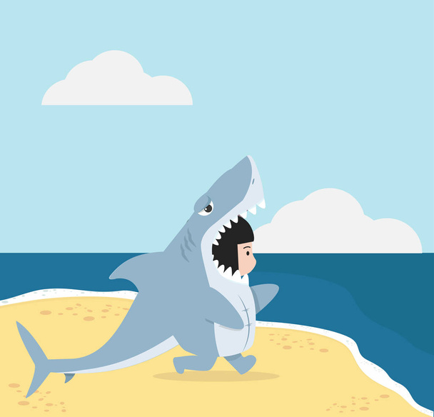 kid in shark costume with Summer Beach - ベクター画像