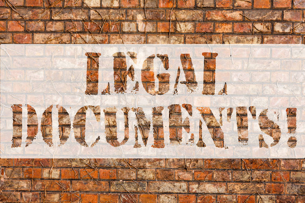 Word writing text Legal Documents. Business concept for states some contractual relationship or grants some right Brick Wall art like Graffiti motivational call written on the wall. - Photo, Image