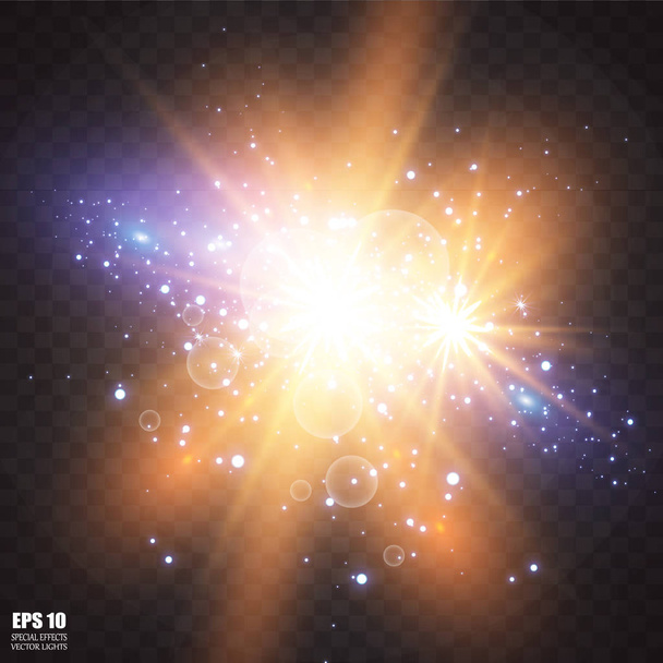 Ilustración vectorial de rayos de luz de llamarada abstracta. Un conjunto de estrellas, luz y resplandor, rayos y brillo. Efecto de luz brillante. Ilustración vectorial. Navidad flash Concepto - Vector, imagen