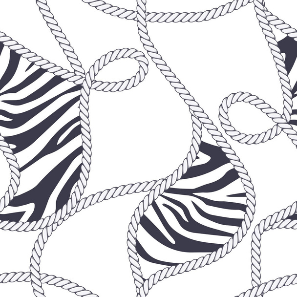 Elegant trendy modern vector seamless pattern with beautiful fashion marine rope and zebra texture on white background. For textile, backrounds, posters, clotches and accessory. - Vector, Image