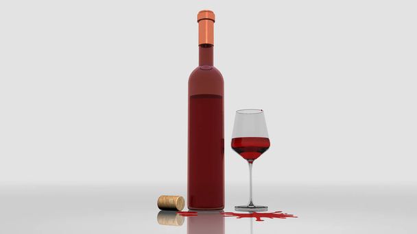 Botella de vino Ros con vidrio sobre fondo neutro, renderizado 3D
 - Foto, Imagen
