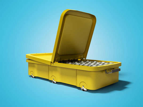 Жовтий пляжний холодильник для консервної води відкритий з двох сторін ящика
 - Фото, зображення