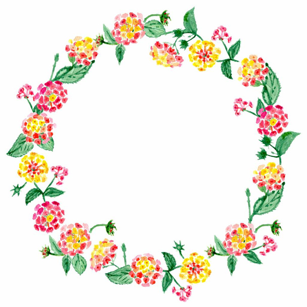Watercolor colorful round frame from spring pink, yellow and red flowers on a white background. Illustration. - Foto, Imagem