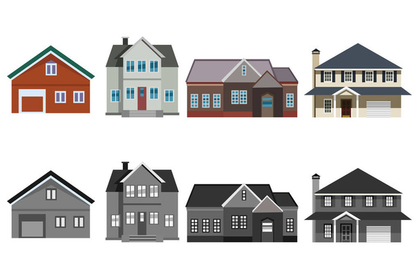 Sada čtyř soukromých domů ve dvou barevných tvarech, barevných a černých a bílých. - Vektor, obrázek