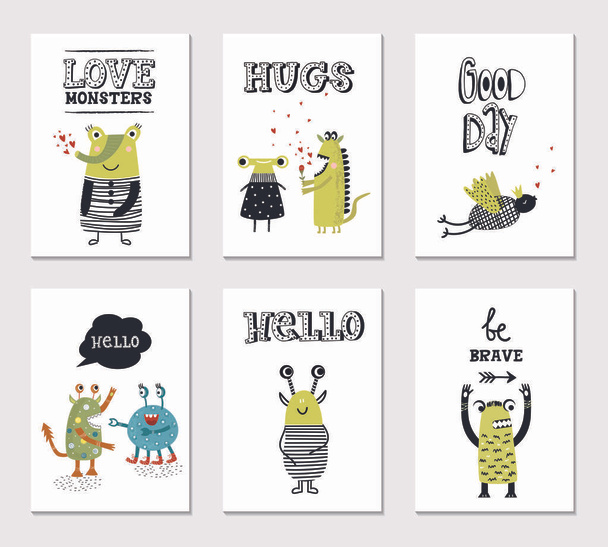 Collection of children cards with cute monsters and lettering. Perfect for nursery posters. Vector illustration. - Vector, Image