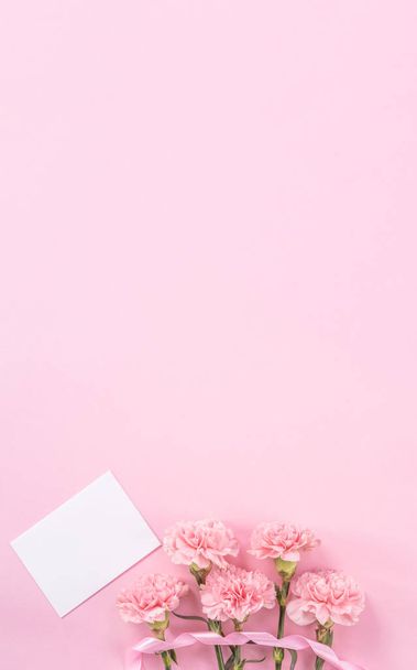 Bella fresca fioritura bambino rosa garofani teneri di colore isolato su sfondo rosa brillante, giorno delle madri grazie concetto di design, vista dall'alto, posa piatta, spazio copia, primo piano, modello
 - Foto, immagini