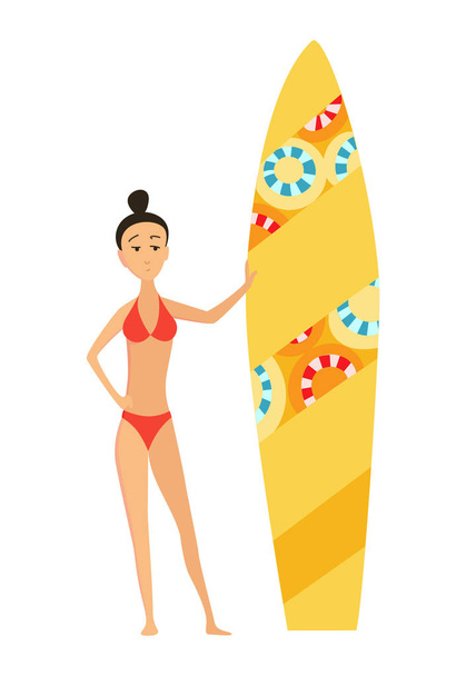 Verano surf vector ilustración de niña o joven surfista con tabla de surf de color. Cartel de dibujos animados para la actividad deportiva de verano y ocio marítimo hobby
. - Vector, Imagen