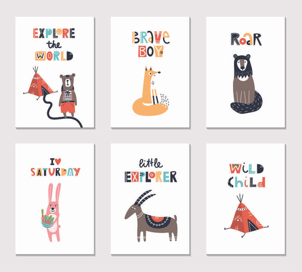 Sammlung von Kinderkarten mit niedlichen Tieren und Schriftzügen. perfekt für Kinderzimmer-Poster. Vektorillustration. - Vektor, Bild