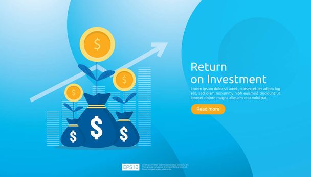 Return on investment ROI concept. business growth arrows success. dollar plant coins, graph and money bag. chart increase profit. Finance stretching rising up. banner flat style vector illustration. - Vector, Image