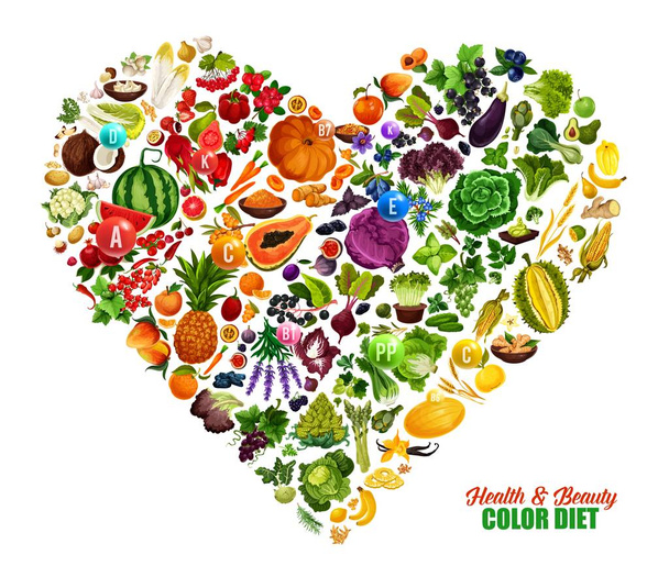 Kleur dieet hart, gezonde voeding voeding - Vector, afbeelding
