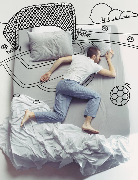 Top view photo of young man sleeping in a big white bed and his dreams - Фото, зображення