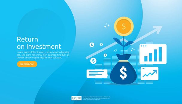 Return on investment ROI concept. business growth arrows success. dollar plant coins, graph and money bag. chart increase profit. Finance stretching rising up. banner flat style vector illustration. - Vektör, Görsel