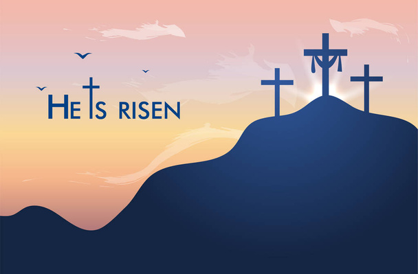 Vector landscape on religious theme with words Easter Sunday, He is risen. Easter illustration with mount Calvary and a silhouettes of three crosses at sunset. Banner for Easter or good Friday - Vector, Image