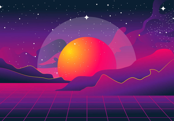 Obraz wektorowy futurystyczny abstrakcyjny krajobraz, sylwetka gór, przyszły wzór w purpurowe i różowe kolory na tle słońca i gwiazd - Wektor, obraz