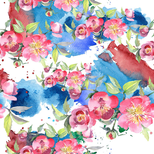 Pink peony bouquet floral botanical flowers. Watercolor background illustration set. Seamless background pattern. - Foto, imagen