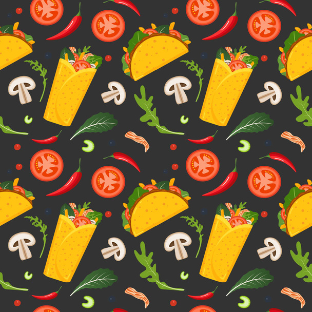 Modello di cibo messicano senza soluzione di continuità. Burrito, taco, peperoncino e lattuga verde. Sfondo colorato, stile carino. Illustrazione vettoriale
. - Vettoriali, immagini