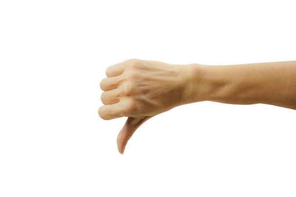 Um homem mão com polegar para baixo isolado no fundo branco
.  - Foto, Imagem